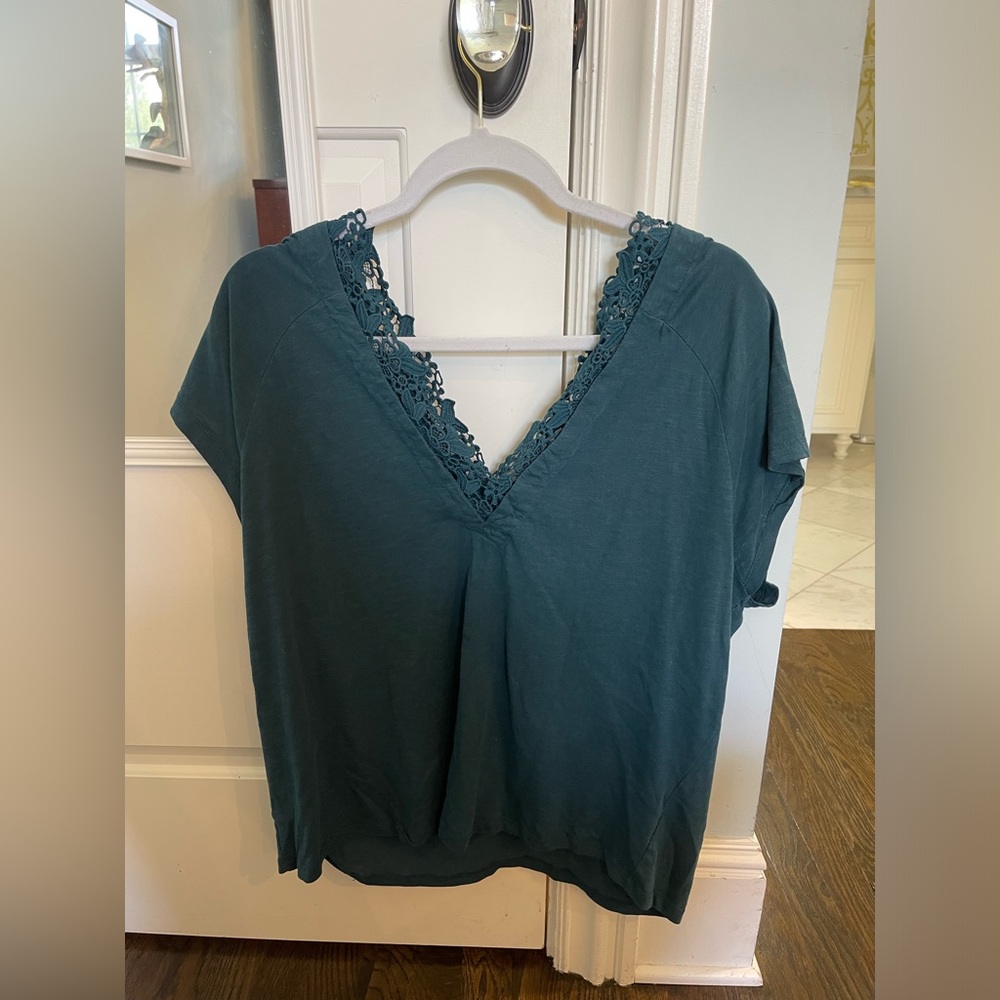 Anthropologie Teal Lace Trimmed Blouse